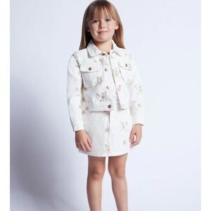 Mayoral Girls Denim Jacket & Skit Set Size 7 Floral Embroidered Cream